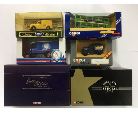 A collection of boxed Corgi model vehicles including a Golden Jubilee bus, a Gold Star special bus, 21 st anniversary Thorney