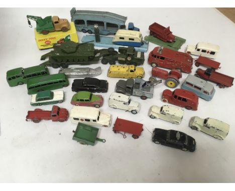 A box containing playworn vintage die cast including Dinky and Corgi, together with a box of railway buildings