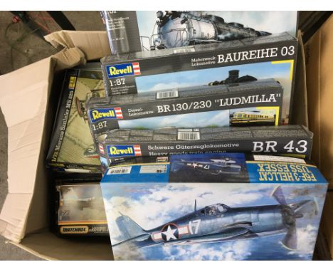 A collection of plastic boxed model kits including Aircraft and Trains by Revell, Hasegawa, Airfix, Heller etc