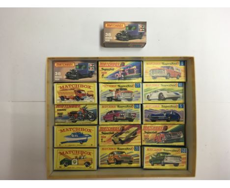 A collection of eight boxed Matchbox 1-75 / Superfast models, eight empty boxes and 14 unboxed Matchbox 1-75 model vehicles.