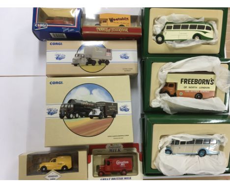 A collection of boxed vehicles including Corgi, ERTL, etc to include an American Lafrance Fire engine No 97321, 3 x AEC Regal