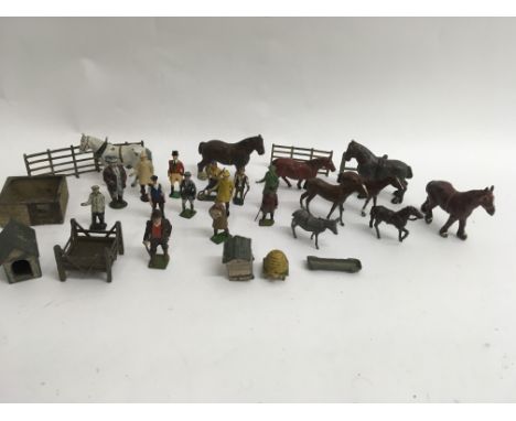 12 Britain’s figures including a ring master, farmer carrying a lamb, milkman, 2 land owners , 4 fences, a pig sty, a hay tro
