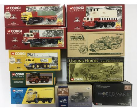 A collection of boxed Corgi model vehicles including Corgi Classics, Lorries, and World War 2 vehicles ( 13 )