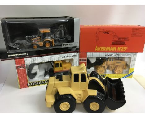 A collection of boxed diecast models including  a Joal compact Akerman H-MC, a Joel compact Volvo BM L160, a Motormart Volvo 