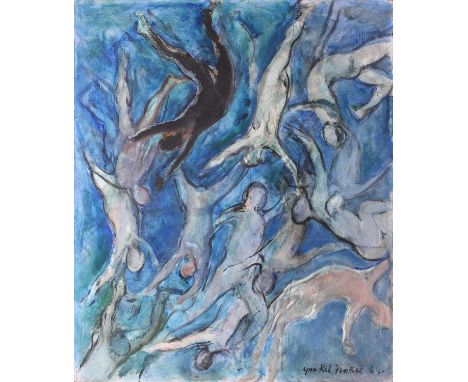 Yankel Feather (1920 - 2009), Flight of Fallen Dancers No.2, signed and dated '84, oil on board, unframed, 76 x 63.5 cmSee ou