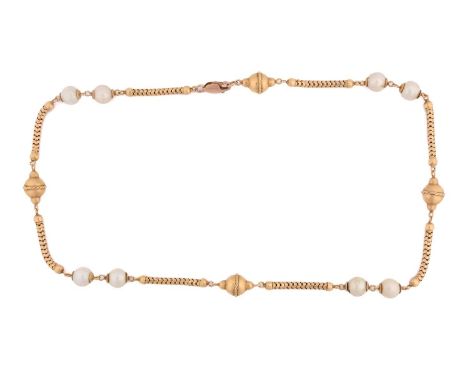 A fancy link chain with cultured pearls, comprising sections of popcorn links, flanked by spherical intervals with twisted ro