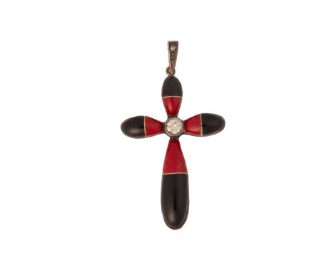 An enamel and diamond cross pendant, centrally collet set with a round brilliant-cut diamond of 4.1 x 4.1 x 2.4 mm, with bulg