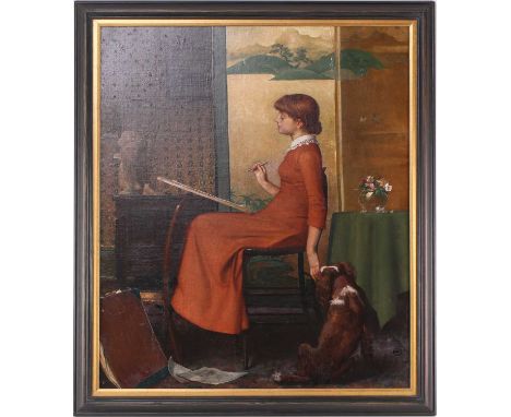 In the manner of James Abbott McNeil Whistler RBA (1834-1903), a portrait of a seated lady sketching, a dog beside her nosing