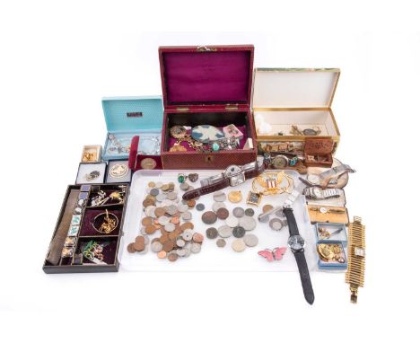 A Victorian jewellery box and a quantity of costume jewellery and fashion watches, including a Scandinavian butterfly brooch 