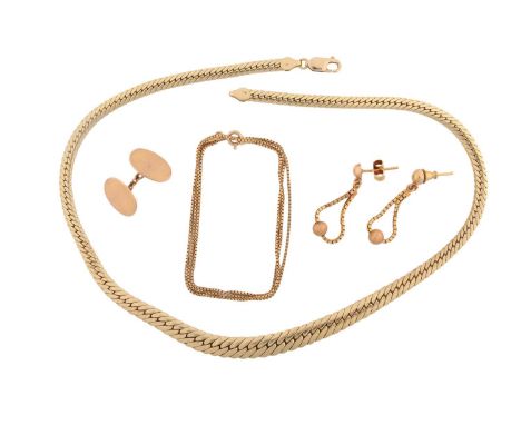 A small collection of jewellery items, to include a single 9ct yellow gold cufflink, oval panels connected with cable links, 