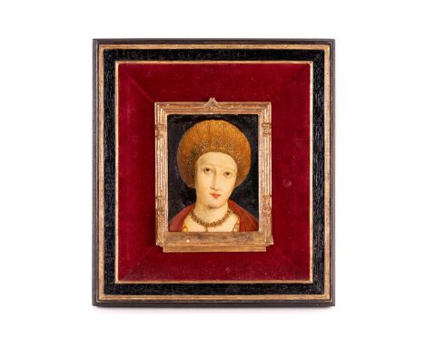 16th century North European School, portrait of a lady, oil on canvas laid onto oak panel, in a later velvet lined frame the 