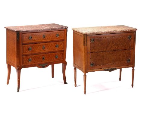 A French Louis XVI-style "tumbling-cube" parquetry three-drawer commode with shaped marble top commode, 20th century, with gi
