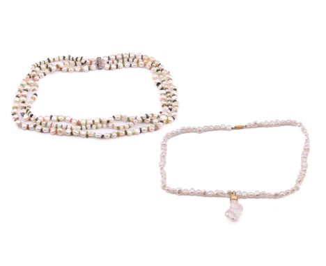 Two cultured pearl necklaces; the first comprising three strands of Keshi pearls, interspaced with multi-coloured tourmaline 