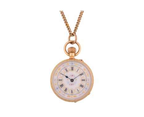 An open-face fob pocket watch, with a keyless wound movement in a yellow metal case, stamped 18k and measuring 32mm with a wh