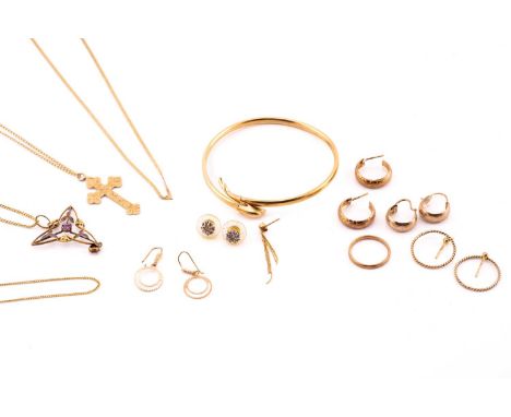 A collection of five sets of earrings, four chains, one bangle, one ring, one single earring. Featuring an Edwardian pendant 