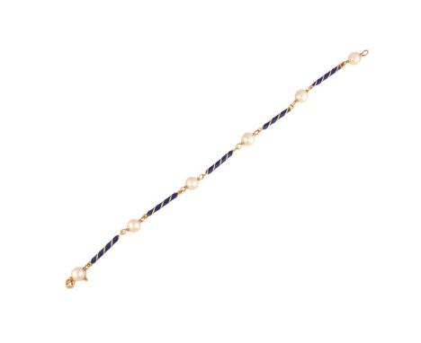 A blue enamel and pearl bracelet, the enamelled twisted bar links are flanked by cream-coloured round pearls, finished by a s