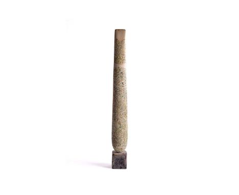Peter Hayes, white raku totem, with textured finish, on a fossilised square base, signed and dated '97 under the base, 62.5 c