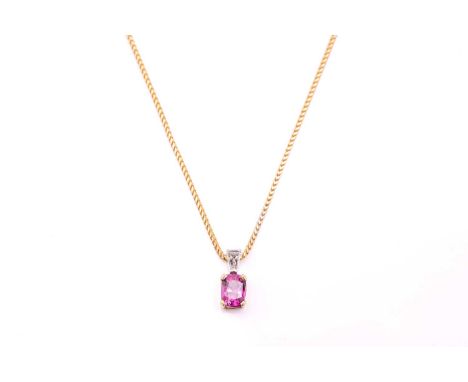 A pink sapphire and diamond pendant and chain, the oval mixed cut pink sapphire, approximately 1.14ct, surmounted by a taperi