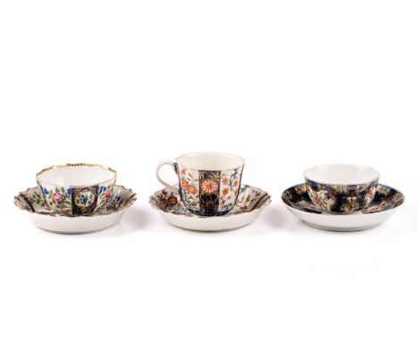 A Worcester porcelain "Kakiemon" pattern teacup and saucer, C1770s, bearing faux mark in seal, together with an 18th century 