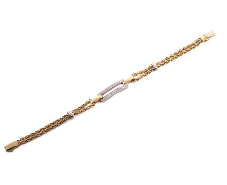 A two-tone bracelet set with diamonds, containing an elongated double bar pavé set with circular-cut diamonds, attached to do