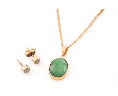 A jade pendant on chain with a pair of stud earrings in 18ct yellow gold; the pendant contains an oval jadeite cabochon of 1.