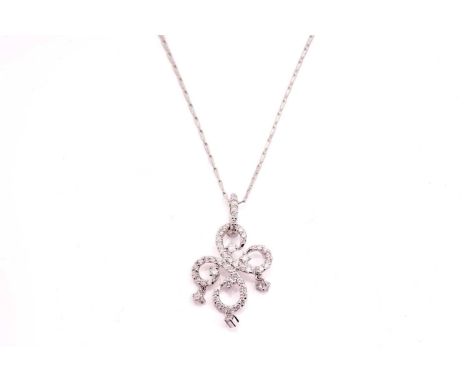 A diamond pendant on chain, in the form of a quatrefoil motif, the scrollwork mount has pavé-set with brilliant diamonds and 