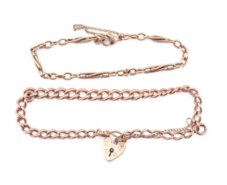 A 9ct pink gold bracelet with a heart padlock and another fancy link bracelet; the first comprises a curb link chain fastened