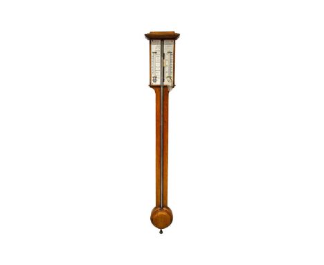 A Negretti and Zambra "Farmer's" stick barometer, thermometer, with oak case and printed white porcelain register plate, abov