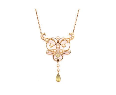 An Edwardian peridot and seed pearl pendant necklace, the scrolled floral mount encrusted with seed pearls and a circular-cut