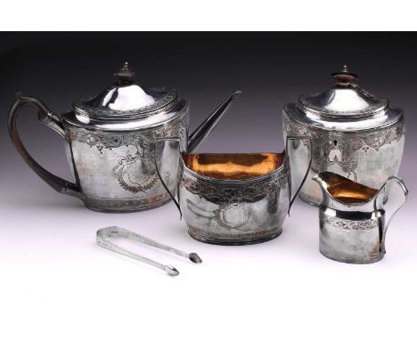  A matched four-piece George III silver tea set, including a tea caddy; oval with foliate bright cut borders and vacant shiel