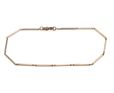 A bar link chain with a swivel clasp, yellow metal marked '14K', measuring 31.5 cm in length, total weight of item 10.2 grams