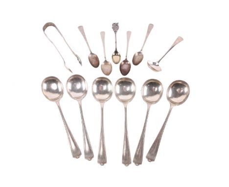 A set of six silver soup spoons, Gladwin Ltd, Sheffield 1932, four silver teaspoons, a pair of George IV silver sugar tongs, 