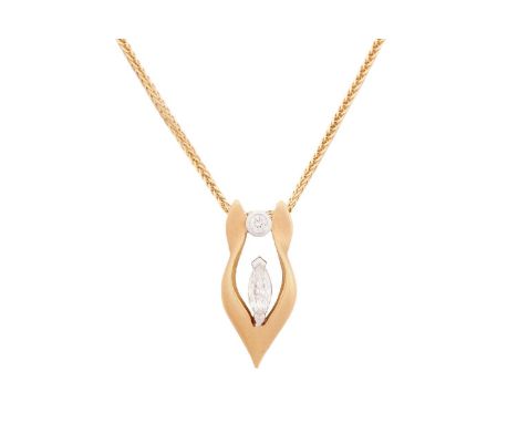 An 18-carat gold and diamond pendant. with a marquise cut diamond measuring 7.0 x 2.8 mm with a round brilliant cut diamond i