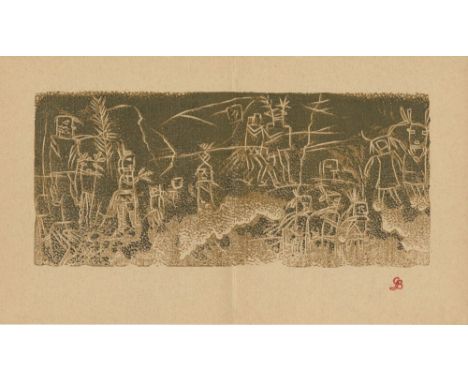 Gustave Baumann (German/American, 1881 - 1971). "Katcinas Ceremonial Dance". Original color woodcut. 1939. Printed 1939. Sign