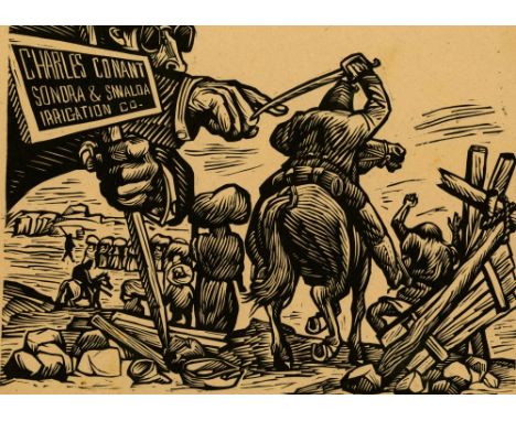 Leopoldo Mendez (Mexican, 1902 - 1969). "Despojo de la Tierra a los Yaquis [subtitle: El Ejercito de Don Porfirio al Servicio