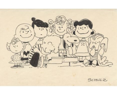Charles Schulz (American, 1922-2000). "The Peanuts Gang". Ink drawing on paper. c1979. Signed lower left. Drawn on very thin 