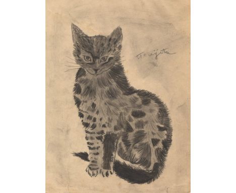 Leonard Tsuguharu Foujita (Japanese/French, 1886 - 1968). "Chat alerte". Pencil drawing on paper. c1931. Signed in pencil, lo