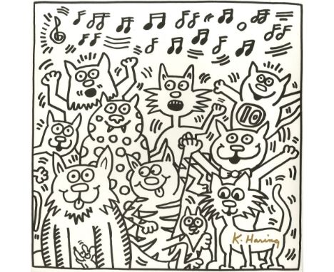 Keith Haring (American, 1958 - 1990). "Ten Cats". Lithograph. 1985. Printed 1986. Signed by Haring in gold marker. A proof (?