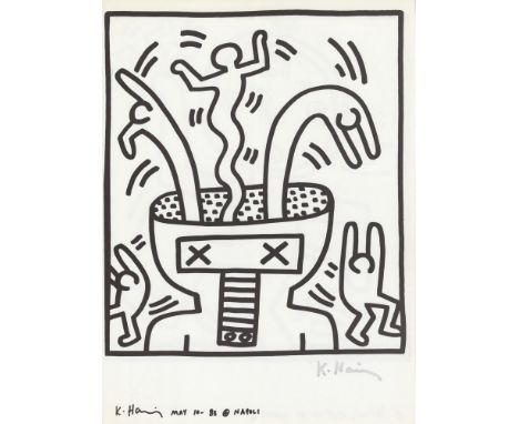 Keith Haring (American, 1958 - 1990). "Naples Suite #13 [untitled]". Lithograph. 1983. Printed 1989. Signed by Haring in silv