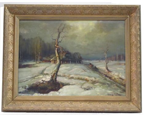 Yuli (Yuily) Yulievich (Yulevich) Klever (Estonian/Russian, 1850-1924). "Horse and Sleigh Rider on a Long Winter Road". Oil o