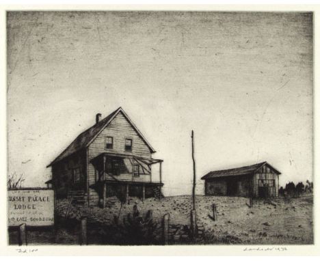 Armin Landeck (American, 1905 - 1984). "Sunset Palace Lodge". Drypoint. 1938. Signed, dated, and editioned in pencil. Edition