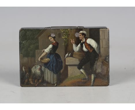 A late 18th/early 19th century papier-mâché snuff box, the lid painted with a lady feeding turkeys, accompanied by a man, len