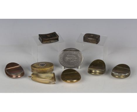 A collection of mainly 19th century snuff boxes and other items, including a Regency pressed tortoiseshell and yellow metal m