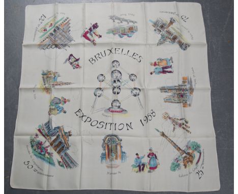 A mid-20th century printed silk scarf made for the Bruxelles Exposition 1958, the centre depicting the Atomium, 74cm x 74cm.B