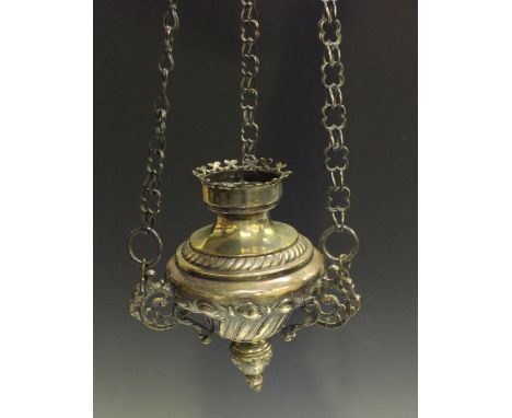 A 19th century plate on copper hanging sanctuary lamp, the ogee body with reeded scrolls, suspended on three chains, length 7