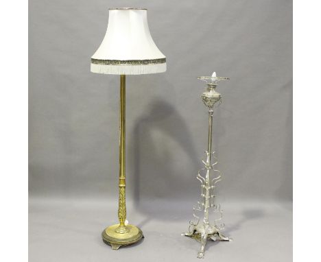 A 20th century giltwood lamp standard, fitted with silk shade, height 184cm, together with a plated brass lamp standard, heig