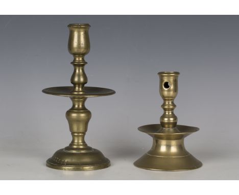 A Dutch brass Heemskirk candlestick, late 17th/early 18th century, the base detailed 'Iglesia', height 21cm, together with an