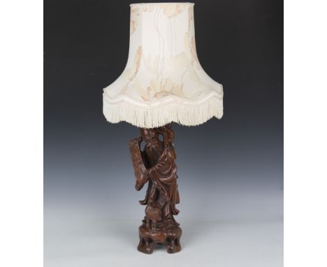 A late 19th century Chinese carved hardwood figure of Shoulao holding a scroll, height 51cm (mounted as a table lamp).Buyer’s