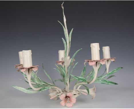 A 20th century tole painted wrought metal five-branch ceiling light of foliate form, height 43cm, width 50cm.Buyer’s Premium 