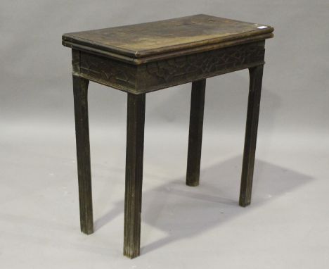 A George III mahogany fold-over card table of small proportions, the frieze with blind fretwork decoration, height 73cm, widt